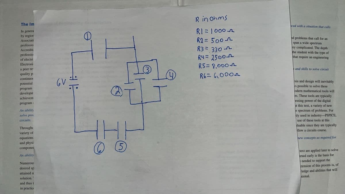 The Im
In genera
by region
Associati
professio
Accredita
professio
of electri
Electroni
a peer re¹
quality p
continuo
potential
program
developm
achievem
program
An ability
solve pro
circuits.
Throughc
variety of
equations
and physi
componer
An ability
Numerous
desired sp
attained u
solution.
and thus t
in practic
6V
응
D
HH
05
(3)
R in Ohms
R1=1000~
R2=5001
R3= 330
R4=2500-1
R5=8,0001
R6=610005
ced with a situation that calls
hd problems that call for an
span a wide spectrum
ery complicated. The depth
the student with the type of
that require an engineering
and skills to solve circuit
sis and design will inevitably
s possible to solve these
odern mathematical tools will
rs. These tools are typically
essing power of the digital
at this text, a variety of new
e spectrum of problems. For
ly used in industry-PSPICE,
use of these tools at this
luable since they are typically
llow a circuits course.
new concepts as required for
text are applied later to solve
rned early is the basis for
needed to support the
tension of this process is, of
ledge and abilities that will
sional.