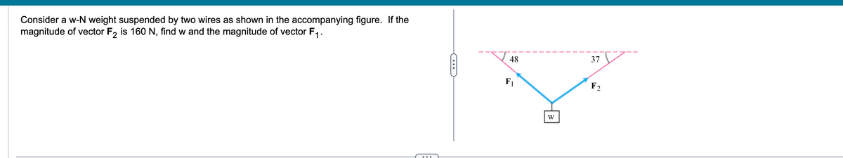 Consider a w-N weight suspended by two wires as shown in the accompanying figure. If the
magnitude of vector F₂ is 160 N, find w and the magnitude of vector F₁.
C
48
F₁
F2
V
W
37