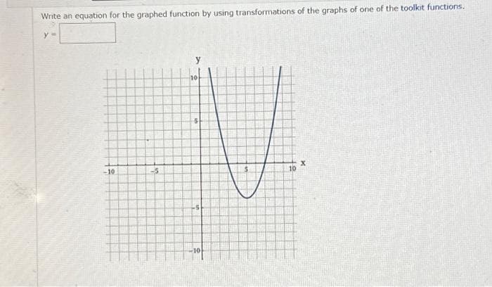 Write an equation for the graphed function by using transformations of the graphs of one of the toolkit functions.
y =
-10
-5
A
10
S
10
X