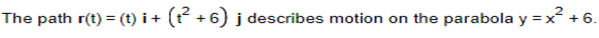 The path r(t) = (t)i + (t² +6) j describes motion on the parabola y = x² +6.