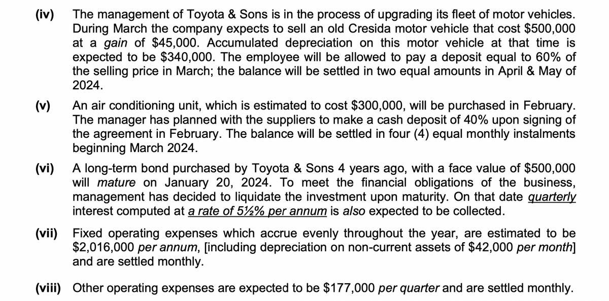 (iv)
(v)
The management of Toyota & Sons is in the process of upgrading its fleet of motor vehicles.
During March the company expects to sell an old Cresida motor vehicle that cost $500,000
at a gain of $45,000. Accumulated depreciation on this motor vehicle at that time is
expected to be $340,000. The employee will be allowed to pay a deposit equal to 60% of
the selling price in March; the balance will be settled in two equal amounts in April & May of
2024.
An air conditioning unit, which is estimated to cost $300,000, will be purchased in February.
The manager has planned with the suppliers to make a cash deposit of 40% upon signing of
the agreement in February. The balance will be settled in four (4) equal monthly instalments
beginning March 2024.
(vi)
A long-term bond purchased by Toyota & Sons 4 years ago, with a face value of $500,000
will mature on January 20, 2024. To meet the financial obligations of the business,
management has decided to liquidate the investment upon maturity. On that date quarterly
interest computed at a rate of 5%2% per annum is also expected to be collected.
(vii)
Fixed operating expenses which accrue evenly throughout the year, are estimated to be
$2,016,000 per annum, [including depreciation on non-current assets of $42,000 per month]
and are settled monthly.
(viii) Other operating expenses are expected to be $177,000 per quarter and are settled monthly.