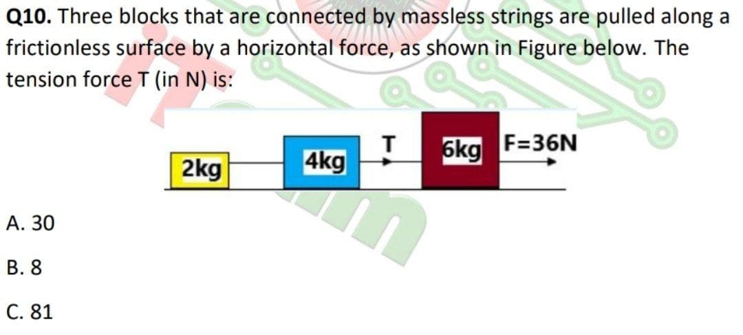Q10. Three blocks that are connected by massless strings are pulled along a
frictionless surface by a horizontal force, as shown in Figure below. The
tension force T (in N) is:
T
4kg
6kg F=36N
2kg
А. 30
В. 8
C. 81

