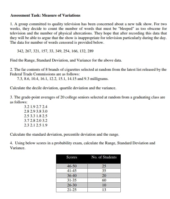 Assessment Task: Measure of Variations
1. A group committed to quality television has been concerned about a new talk show. For two
weeks, they decide to count the number of words that must be "bleeped" as too obscene for
television and the number of physical altercations. They hope that after recording this data that
they will be able to argue that the show is inappropriate for television particularly during the day.
The data for number of words censored is provided below.
342, 267, 321, 157, 33, 349, 254, 166, 132, 289
Find the Range, Standard Deviation, and Variance for the above data.
2. The far contents of 8 brands of cigarettes selected at random from the latest list released by the
Federal Trade Commissions are as follows:
7.3, 8.6, 10.4, 16.1, 12.2, 15.1, 14.15 and 9.3 milligrams.
Calculate the decile deviation, quartile deviation and the variance.
3. The grade-point averages of 20 college seniors selected at random from a graduating class are
as follows:
3.2 1.9 2.7 2.4
2.8 2.9 3.8 3.0
2.5 3.3 1.8 2.5
3.7 2.8 2.0 3.2
2.3 2.1 2.5 1.9
Calculate the standard deviation, percentile deviation and the range.
4. Using below scores in a probability exam, calculate the Range, Standard Deviation and
Variance.
Scores
No. of Students
46-50
25
41-45
35
36-40
31-35
20
60
26-30
10
21-25
13
