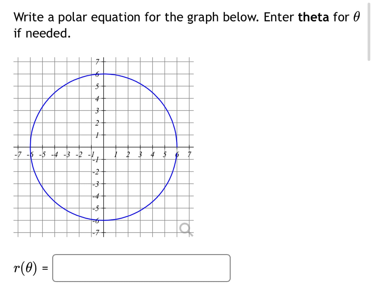 Write a polar equation for the graph below. Enter theta for 0
if needed.
-B -5 -4 -3 -2 -1
2 3 4
-2
-3
=4
=5
r(0) =
