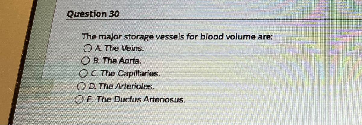Question 30
The major storage vessels for blood volume are:
A. The Veins.
OB. The Aorta.
O C. The Capillaries.
OD. The Arterioles.
O E. The Ductus Arteriosus.
