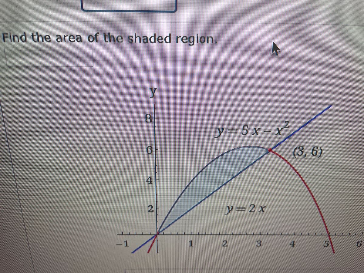 Find the area of the shaded region.
8.
2.
y=5x-x²
(3, 6)
y=2x
-1
1 2
3
4
2.
