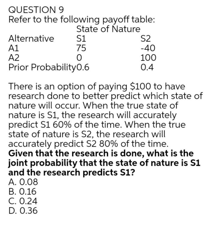 QUESTION 9
Alternative
A1
A2
Prior Probability0.6
Refer to the following payoff table:
State of Nature
S2
-40
100
0.4
S1
75
There is an option of paying $100 to have
research done to better predict which state of
nature will occur. When the true state of
nature is S1, the research will accurately
predict S1 60% of the time. When the true
state of nature is S2, the research will
accurately predict S2 80% of the time.
Given that the research is done, what is the
joint probability that the state of nature is S1
and the research predicts S1?
А. О.08
В. О.16
C. 0.24
D. 0.36
