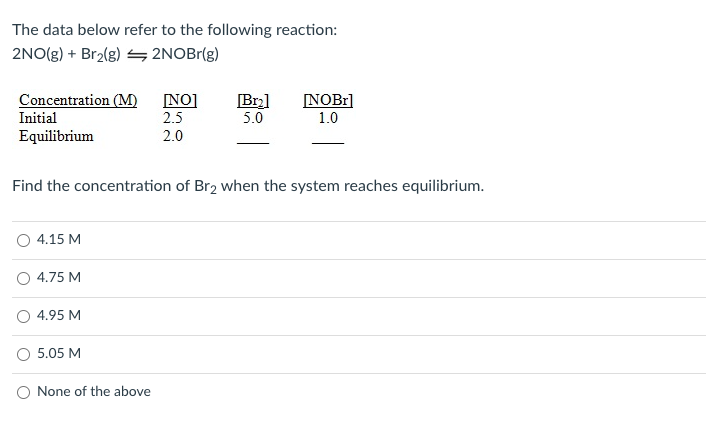 The data below refer to the following reaction:
2NO(g) + Br2(g) S 2NOBr(g)
Concentration (M)
NO]
2.5
[Br]
5.0
NOBI]
1.0
Initial
Equilibrium
2.0
Find the concentration of Br2 when the system reaches equilibrium.
4.15 M
4.75 M
4.95 M
5.05 M
O None of the above
