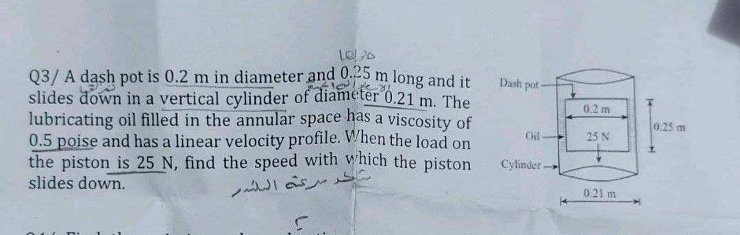 ۱۵
Q3/ A dash pot is 0.2 m in diameter and 0.25 m long and it
slides down in a vertical cylinder of diameter 0.21 m. The
lubricating oil filled in the annular space has a viscosity of
0.5 poise and has a linear velocity profile. When the load on
the piston is 25 N, find the speed with which the piston
slides down.
سرعة الله
Dash pot
Oil
Cylinder-
0.2 m
25 N
0.21 m
T
0.25 m
