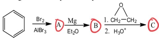 1. CH2-CH2
(B
2. Hо"
Br2.
Mg
AIBr3
Et,0
