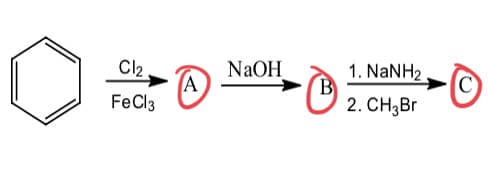 Cl2
NaOH
(A
1. NaNH2
B
2. CH;Br
FeCl3
