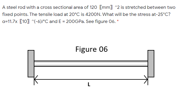A steel rod with a cross sectional area of 120 [mm] ^2 is stretched between two
fixed points. The tensile load at 20°C is 4200N. What will be the stress at-25°C?
a=11.7x (10] ^(-6)/°C and E = 200GPA. See figure 06. *
Figure 06
L
Ti
