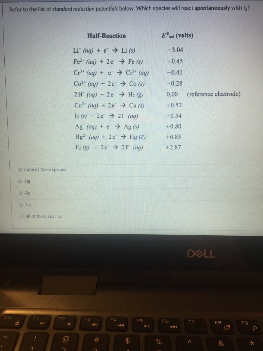 Refer to the list of standard reduction potentials below. Which species will react spontaneously with I2?
Half-Reaction
E'red (volts)
Li* (ag) + e → Li (s)
-3.04
Fe2 (aq) + 2e Fe (s)
-0.45
Cr* (aq) + e → Cr* (aq)
-0.41
Co2 (aq) + 2e Co (s)
-0.28
2H (aq) + 2e H2 (g)
0.00
(reference electrode)
Cu2+ (aq) + 2e Cu (s)
+0.52
I2 (s) + 2e > 21 (aq)
+0.54
Ag (aq) + e → Ag (s)
+0.80
Hg (aq) + 2e → Hg (e)
+0.85
F2 (g) + 2e → 2F (aq)
+2.87
O none of these species
O Hg
O Ag
Co
O all of these species
DELL
Esc
F1
F2
F3
F4
F5
F6
4x
F8
F9
%23
%
&
