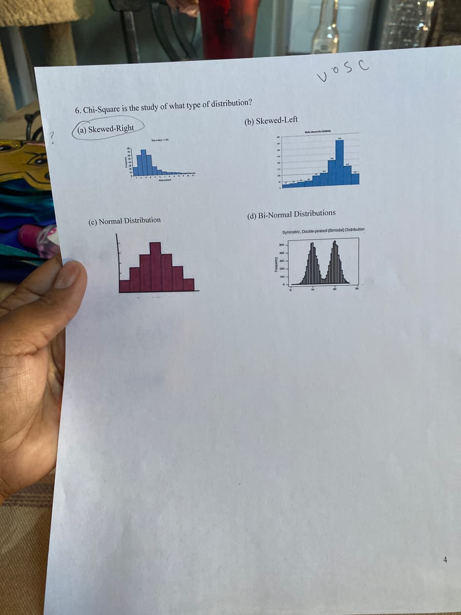 vosc
6. Chi-Square is the study of what type of distribution?
(a) Skewed-Right
(b) Skewed-Left
(c) Normal Distribution
(d) Bi-Normal Distributions
Symmetric, Double-peaked (Bimodal) Distribution
4
