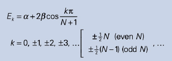 kt
E = a +2Bcos-
N+1
+}N (even N)
k= 0, ±1, ±2, ±3,
..
±글(N-1 (odd N)
