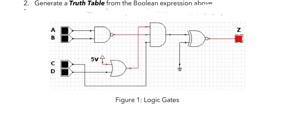 2. Generate a Truth Table from the Boolean expression above.
:D-
A
B
Figure 1: Logic Gates
