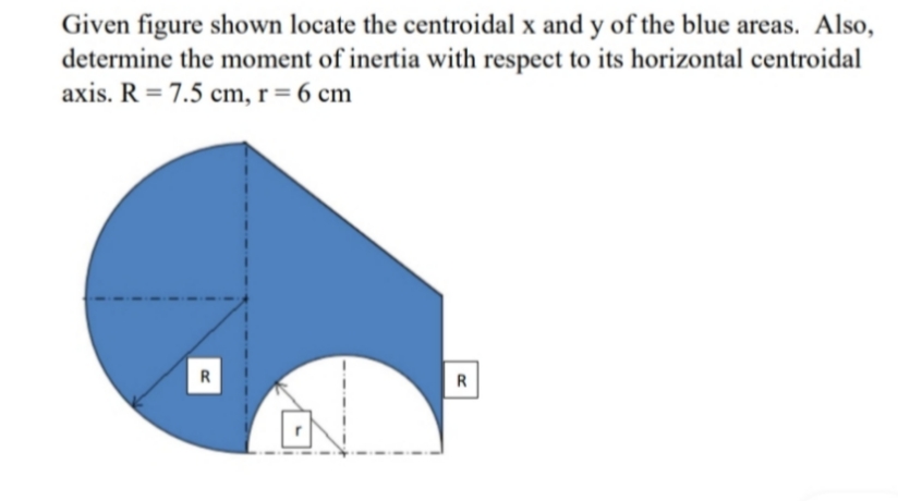 Given figure shown locate the centroidal x and y of the blue areas. Also,
determine the moment of inertia with respect to its horizontal centroidal
axis. R = 7.5 cm, r= 6 cm
R
