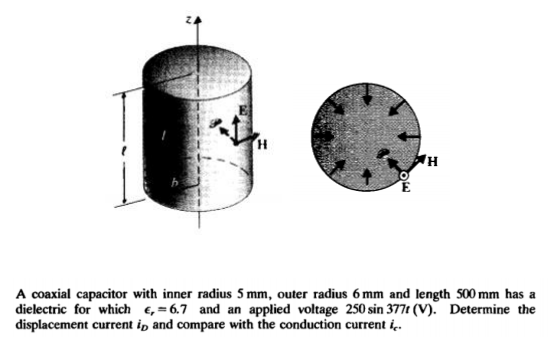 A coaxial capacitor with inner radius 5 mm, outer radius 6 mm and length 500 mm has a
dielectric for which e, = 6.7 and an applied voltage 250 sin 377t (V). Determine the
displacement current ip and compare with the conduction current i.
