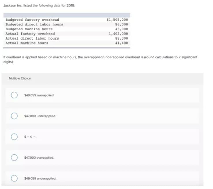 Jackson Inc. listed the following data for 2019:
Budgeted factory overhead
Budgeted direct labor hours
Budgeted machine hours
$1,505,000
৪6,000
43,000
Actual factory overhead
Actual direct labor hours
1,402,000
৪৪,300
41,400
Actual machine hours
If overhead is applied based on machine hours, the overapplied/underapplied overhead is (round calculations to 2 significant
digits):
Multiple Choice
$49,059 overapplied.
$47000 underapplied.
O s-0-
$47000 overapplied.
$49.059 underapplied.
