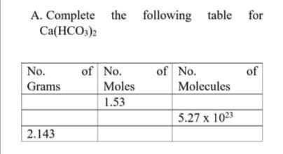 A. Complete the following table
Ca(HCO3)2
of No.
Molecules
No.
of No.
of
Grams
Moles
1.53
5.27 x 1023
2.143
