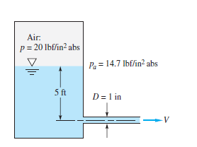 Air:
p= 20 lbf/in? abs
Pa = 14.7 lbf/in? abs
5 ft
D = 1 in
