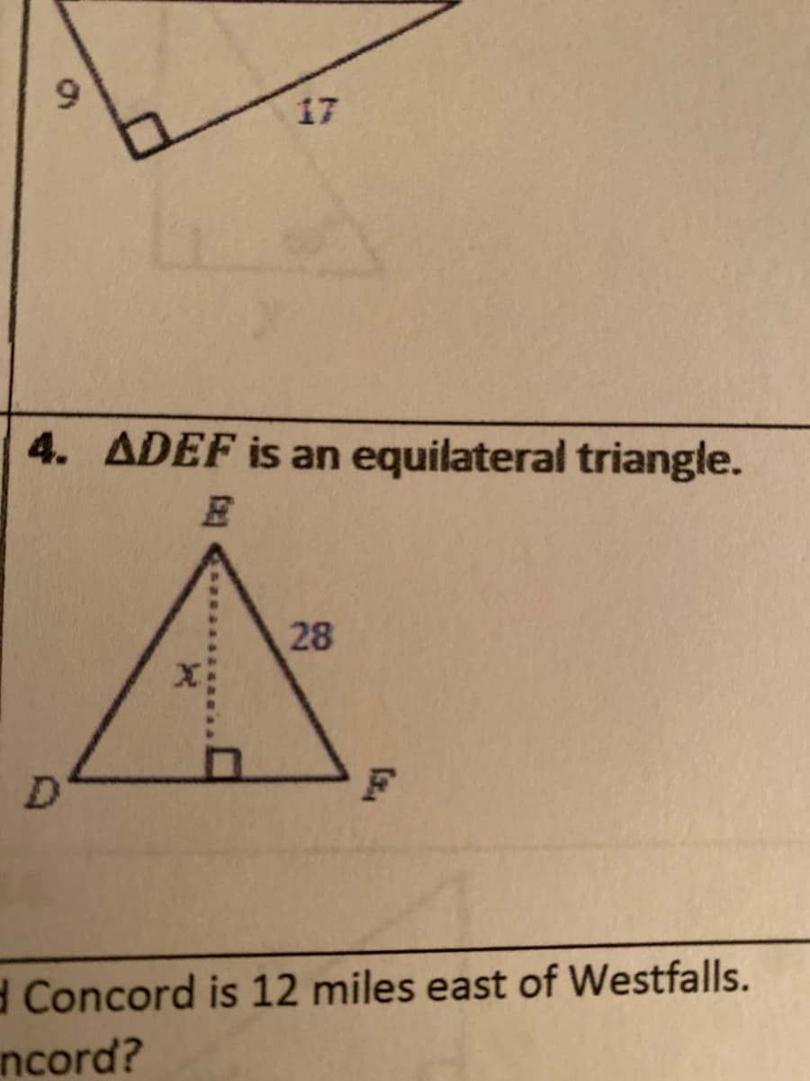 17
4. ADEF is an equilateral triangle.
28
d Concord is 12 miles east of Westfalls.
ncord?
