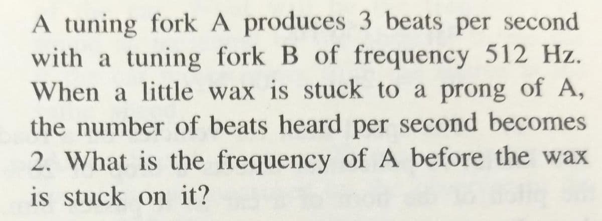 A tuning fork A produces 3 beats per second
with a tuning fork B of frequency 512 Hz.
When a little wax is stuck to a prong of A,
the number of beats heard per second becomes
2. What is the frequency of A before the wax
is stuck on it?
