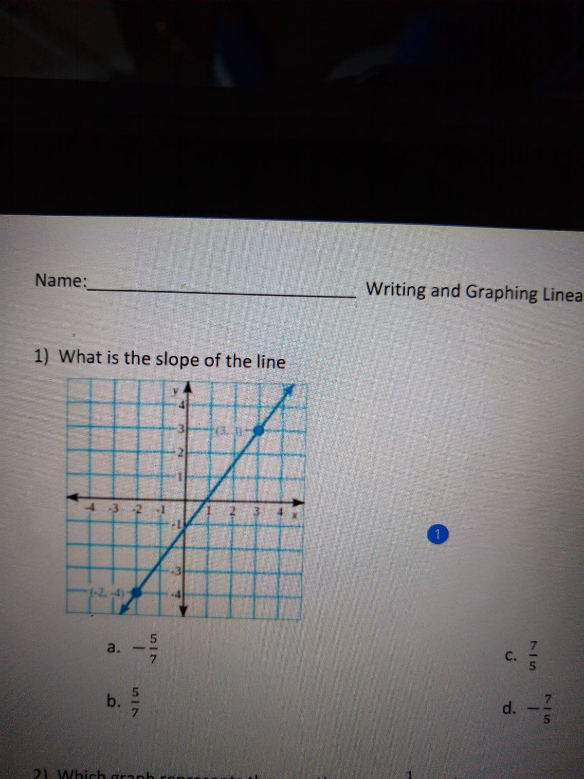 Name:
Writing and Graphing Linea
1) What is the slope of the line
43 2 1
(-2.-4)
5.
a.
5.
7.
2) Which granh ro
7/5
75
C.
d.
b.
