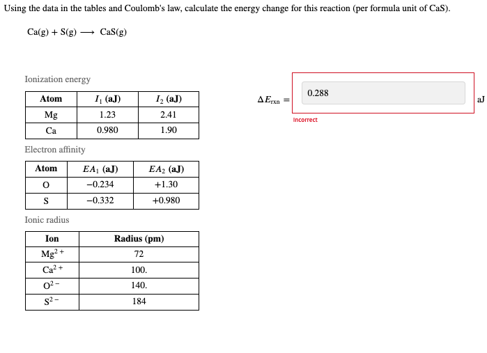 Using the data in the tables and Coulomb's law, calculate the energy change for this reaction (per formula unit of CaS).
Ca(g) + S(g) → CaS(g)
Ionization energy
Atom
Mg
Ca
Electron affinity
Atom
O
S
Ionic radius
Ion
Mg²+
Ca²+
0²-
S²-
I₁ (aJ)
1.23
0.980
EA₁ (aJ)
-0.234
-0.332
I₂ (aJ)
2.41
1.90
EA₂ (aJ)
+1.30
+0.980
Radius (pm)
72
100.
140.
184
AErxn
0.288
Incorrect
2