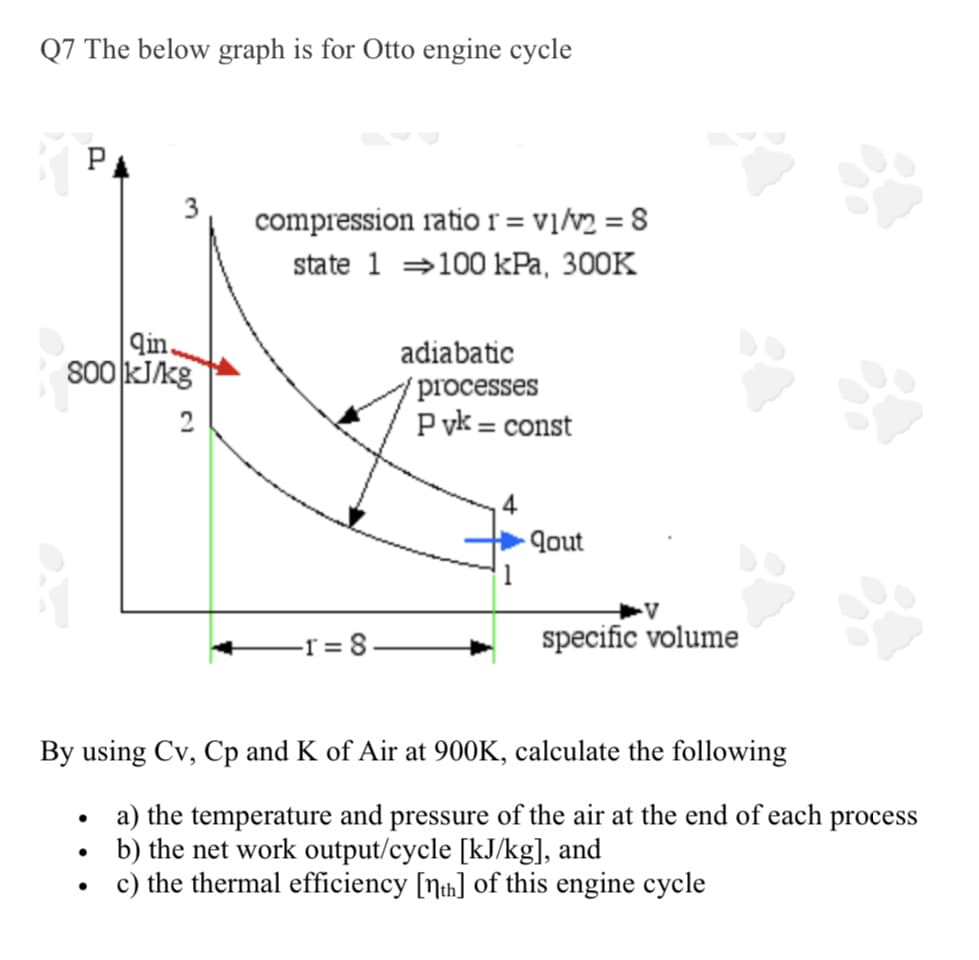 Q7 The below graph is for Otto engine cycle
P
3
compression ratio r = v]/v2 = 8
state 1 =100 kPa, 300K
qin.
adiabatic
processes
2
P yk:
= const
- qout
-r = 8
specific volume
By using Cv, Cp and K of Air at 900K, calculate the following
a) the temperature and pressure of the air at the end of each process
b) the net work output/cycle [kJ/kg], and
c) the thermal efficiency [Nth] of this engine cycle
