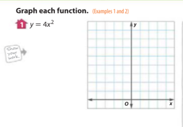 Graph each function. (Examples 1 and 2)
ty = 4x²
Show
your
work.
