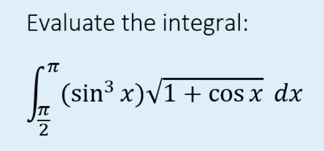 Evaluate the integral:
TU
* (sin³ x)√1 + cos x dx