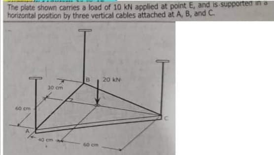 The plate shown carries a load of 10 kN applied at point E, and is-sSupported in a
horizontal position by three vertical cables attached at A, B, and C.
B.
20 kN
30 cm
60 cm
40 cm
60 cm
