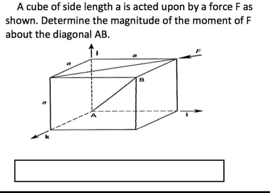 A cube of side length a is acted upon by a force F as
shown. Determine the magnitude of the moment of F
about the diagonal AB.
B
A
k
