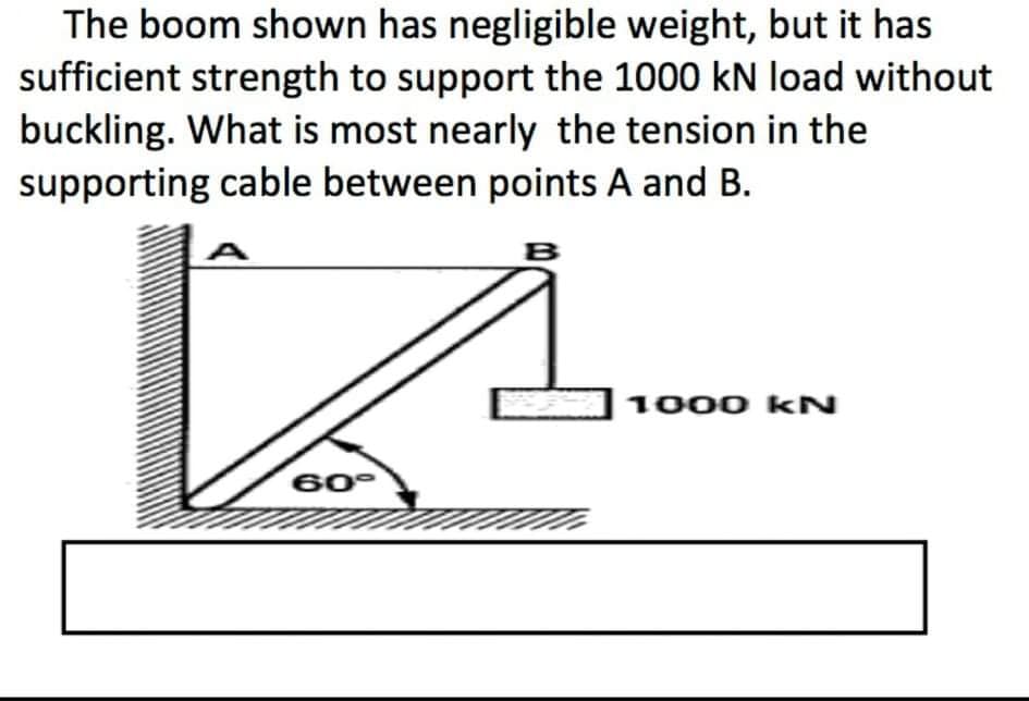 The boom shown has negligible weight, but it has
sufficient strength to support the 1000 kN load without
buckling. What is most nearly the tension in the
supporting cable between points A and B.
B
1000 kN
60°
