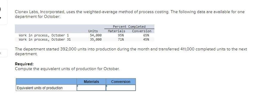 <
Clonex Labs, Incorporated, uses the weighted-average method of process costing. The following data are available for one
department for October:
Percent Completed
Units
Materials
Work in process, October 1
54,000
35,000
95%
71%
Conversion
65%
45%
Work in process, October 31
The department started 392,000 units into production during the month and transferred 411,000 completed units to the next
department.
Required:
Compute the equivalent units of production for October.
Equivalent units of production
Materials
Conversion