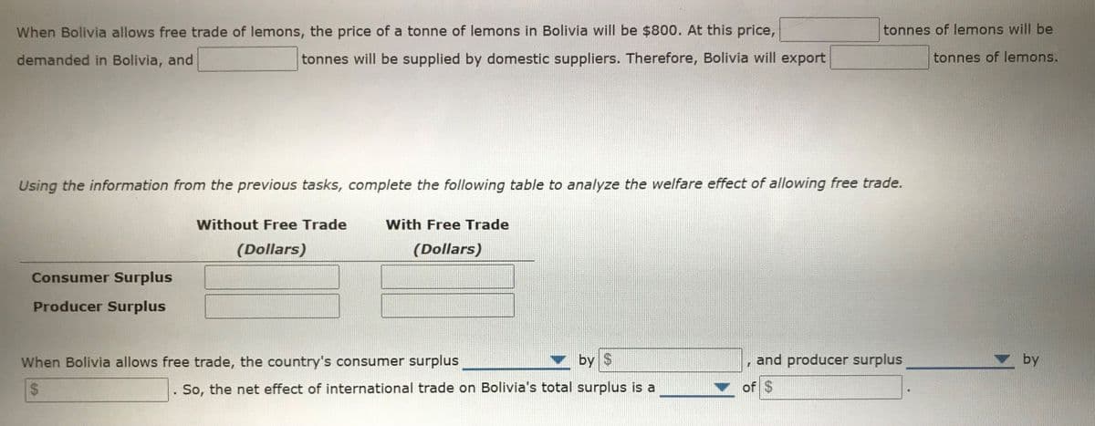 When Bolivia allows free trade of lemons, the price of a tonne of lemons in Bolivia will be $800. At this price,
tonnes of lemons will be
demanded in Bolivia, and
tonnes will be supplied by domestic suppliers. Therefore, Bolivia will export
tonnes of lemons.
Using the information from the previous tasks, complete the following table to analyze the welfare effect of allowing free trade.
Without Free Trade
With Free Trade
(Dollars)
(Dollars)
Consumer Surplus
Producer Surplus
When Bolivia allows free trade, the country's consumer surplus
▼ by $
and producer surplus
by
%24
So, the net effect of international trade on Bolivia's total surplus is a
of $
