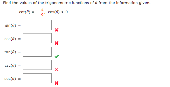 Find the values of the trigonometric functions of 0 from the information given.
cot(0)
cos(0) > 0
sin(0)
cos(0)
tan(0)
csc(0)
sec(0)
