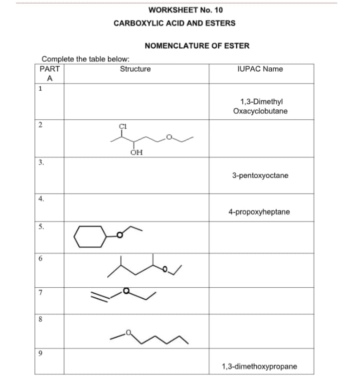 WORKSHEET No. 10
CARBOXYLIC ACID AND ESTERS
NOMENCLATURE OF ESTER
Complete the table below:
PART
Structure
IUPAC Name
A
1
1,3-Dimethyl
Oxacyclobutane
2
3.
3-pentoxyoctane
4.
4-propoxyheptane
5.
6
7
8
1,3-dimethoxypropane
