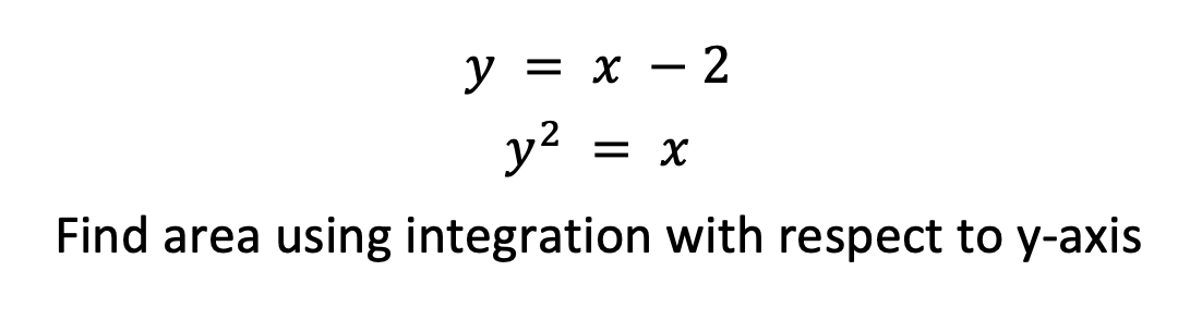 У— х — 2
y? =
Find area using integration with respect to y-axis
