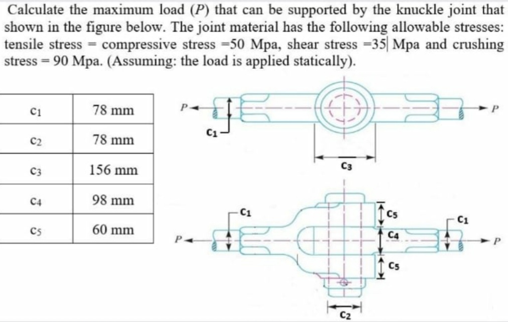 Calculate the maximum load (P) that can be supported by the knuckle joint that
shown in the figure below. The joint material has the following allowable stresses:
tensile stress = compressive stress =50 Mpa, shear stress =35| Mpa and crushing
stress = 90 Mpa. (Assuming: the load is applied statically).
Ci
78 mm
P-
C1
C2
78 mm
C3
156 mm
C3
С4
98 mm
C1
C5
C1
C5
60 mm
C4
C5
