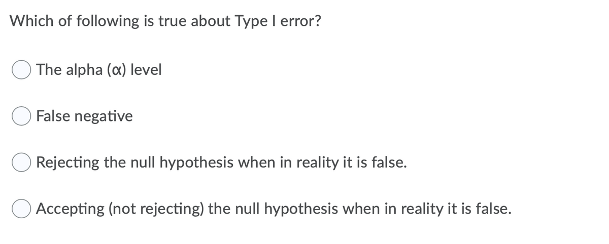 Which of following is true about Type I error?
The alpha (a) level
False negative
Rejecting the null hypothesis when in reality it is false.
Accepting (not rejecting) the nullI hypothesis when in reality it is false.
