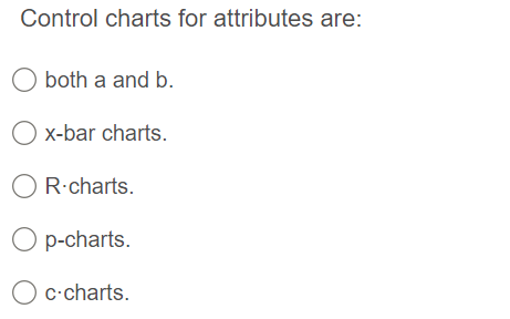 Control charts for attributes are:
O both a and b.
O x-bar charts.
O R-charts.
O p-charts.
O c-charts.
