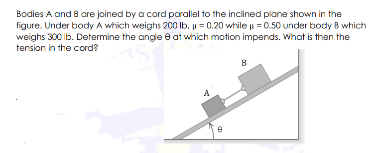 Bodies A and B are joined by a cord parallel to the inclined plane shown in the
figure. Under body A which weighs 200 Ib, µ = 0.20 while u = 0.50 under body B which
weighs 300 Ib. Determine the angle e at which motion impends. What is then the
tension in the cord?
B
A
