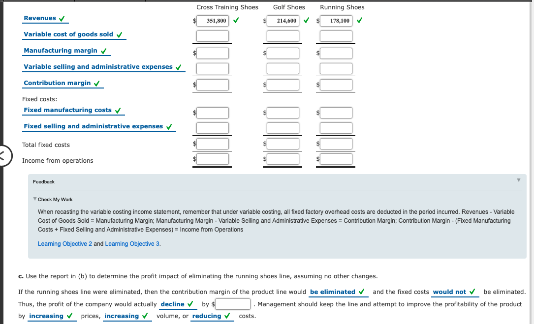 Cross Training Shoes
Golf Shoes
Running Shoes
Revenues V
351,800
214,600
$
178,100
Variable cost of goods sold v
Manufacturing margin v
$
Variable selling and administrative expenses v
Contribution margin v
$
Fixed costs:
Fixed manufacturing costs v
$
Fixed selling and administrative expenses v
Total fixed costs
Income from operations
Feedback
V Check My Work
When recasting the variable costing income statement, remember that under variable costing, all fixed factory overhead costs are deducted in the period incurred. Revenues - Variable
Cost of Goods Sold = Manufacturing Margin; Manufacturing Margin - Variable Selling and Administrative Expenses = Contribution Margin; Contribution Margin - (Fixed Manufacturing
Costs + Fixed Selling and Administrative Expenses) = Income from Operations
Learning Objective 2 and Learning Objective 3.
c. Use the report in (b) to determine the profit impact of eliminating the running shoes line, assuming no other changes.
If the running shoes line were eliminated, then the contribution margin of the product line would be eliminated v and the fixed costs would not v be eliminated.
Thus, the profit of the company would actually decline v by $
Management should keep the line and attempt to improve the profitability of the product
by increasing prices, increasing v volume, or reducing v
costs.
