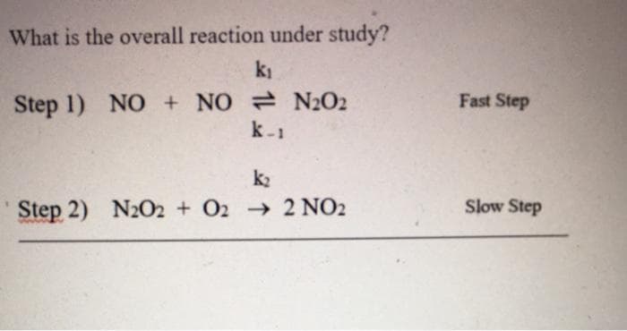 What is the overall reaction under study?
ki
Step 1) NO + NO N2O2
k-1
Fast Step
k2
Slow Step
Step 2) N202 + O2 2 NO2
