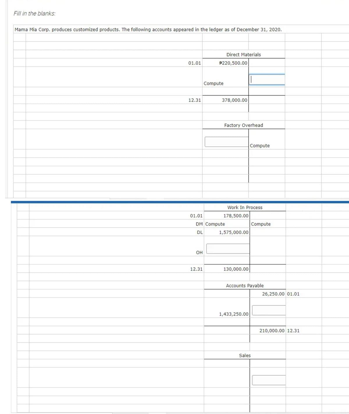 Fill in the blanks:
Mama Mia Corp. produces customized products. The following accounts appeared in the ledger as of December 31, 2020.
Direct Materials
01.01
P220,500.00
Compute
12.31
378,000.00
Factory Overhead
Compute
Work In Process
01.01
178,500.00
DM Compute
Compute
DL
1,575,000.00
он
12.31
130,000.00|
Accounts Payable
26,250.00 01.01
1,433,250.00
210,000.00 12.31
Sales
