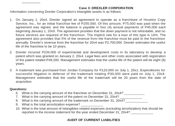 Case 3: DREXLER CORPORATION
Information concerning Drexler Corporation's intangible assets is as follows:
1. On January 1, 20x4, Drexler signed an agreement to operate as a franchisee of Houston Copy
Service, Inc., for an initial franchise fee of P255,000. Of this amount, P75,000 was paid when the
agreement was signed, and the balance is payable in four (4) annual payments of P45,000 each
beginning January 1, 20x5. The agreement provides that the down payment is not refundable, and no
future services are required of the franchisor. The implicit rate for a loan of this type is 14%. The
agreement also provides that 5% of the revenue from the franchise must be paid to the franchisor
annually. Drexler's revenue from the franchise for 20x4 was P2,700,000. Drexler estimates the useful
life of the franchise to be 10 years.
2. Drexler incurred P234,000 of experimental and development costs in its laboratory to develop a
patent which was granted on January 2, 20x4. Legal fees and other costs associated with registration
of the patent totaled P49,200. Management estimates that the useful life of the patent will be eight (8)
years.
3. A trademark was purchased from Jordan Company for P120,000 on July 1, 20x1. Expenditures for
successful litigation in defense of the trademark totaling P30,000 were paid on July 1, 20x4.
Management estimates that the useful life of the trademark will be 20 years from the date of
acquisition.
Questions:
6. What is the carrying amount of the franchise on December 31, 20x4?
7. What is the carrying amount of the patent on December 31, 20x4?
8. What is the carrying amount of the trademark on December 31, 20x4?
9. What is the total amortization expense?
10. What is the total amount of intangibles-related expenses (excluding amortization) that should be
reported in the income statement for the year ended December 31, 20x4?
AUDIT OF CURRENT LIABILITIES
