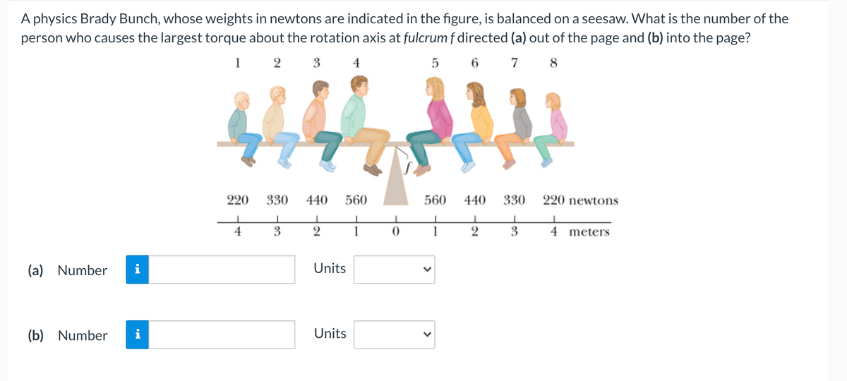 A physics Brady Bunch, whose weights in newtons are indicated in the figure, is balanced on a seesaw. What is the number of the
person who causes the largest torque about the rotation axis at fulcrum f directed (a) out of the page and (b) into the page?
1 2
3 4
5 6 7 8
220
330
440
560
560
440
330
220 newtons
3
2
2
4 meters
(a) Number
i
Units
(b) Number
i
Units
>

