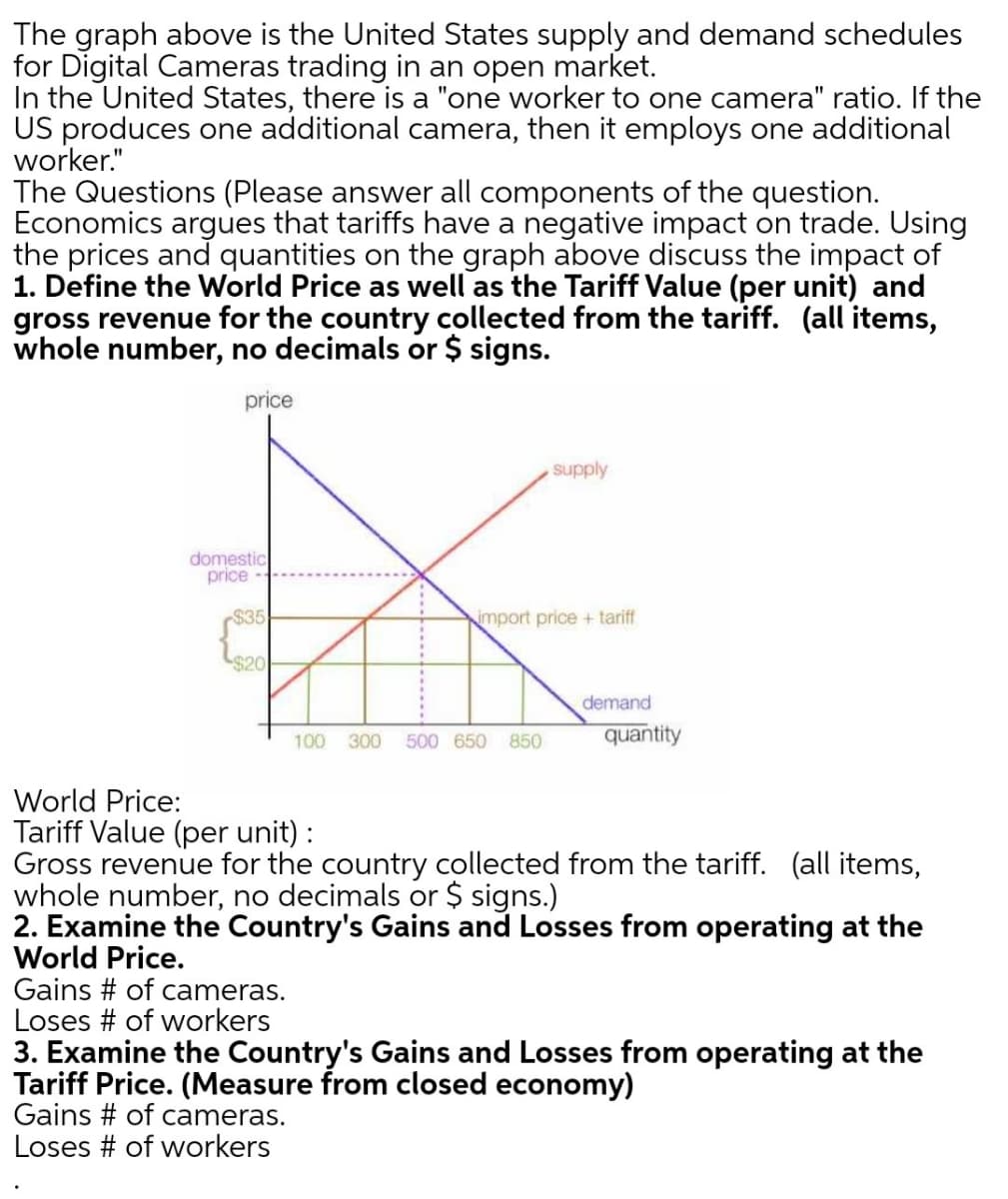 The graph above is the United States supply and demand schedules
for Digital Cameras trading in an open market.
In the United States, there is a "one worker to one camera" ratio. If the
US produces one additional camera, then it employs one additional
worker."
The Questions (Please answer all components of the question.
Economics argues that tariffs have a negative impact on trade. Using
the prices and quantities on the graph above discuss the impact of
1. Define the World Price as well as the Tariff Value (per unit) and
gross revenue for the country collected from the tariff. (all items,
whole number, no decimals or $ signs.
price
supply
domestic
price -
$35
import price + tariff
$20
demand
100
300
500 650 850
quantity
World Price:
Tariff Value (per unit) :
Gross revenue for the country collected from the tariff. (all items,
whole number, no decimals or $ signs.)
2. Examine the Country's Gains and Losses from operating at the
World Price.
Gains # of cameras.
Loses # of workers
3. Examine the Country's Gains and Losses from operating at the
Tariff Price. (Measure from closed economy)
Gains # of cameras.
Loses # of workers
